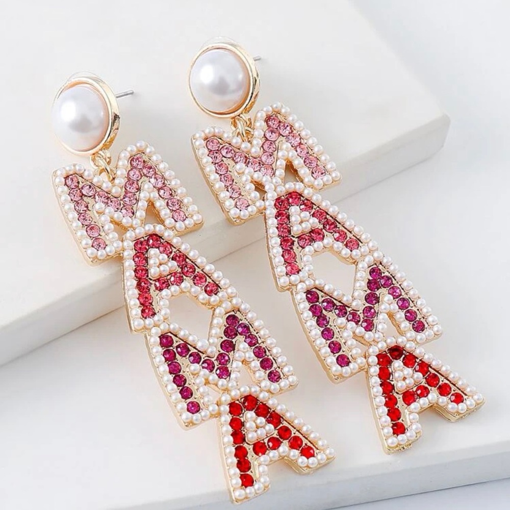 NEW rhinestone “MAMA” earrings -pink & red! Statement earring for your fav mom!